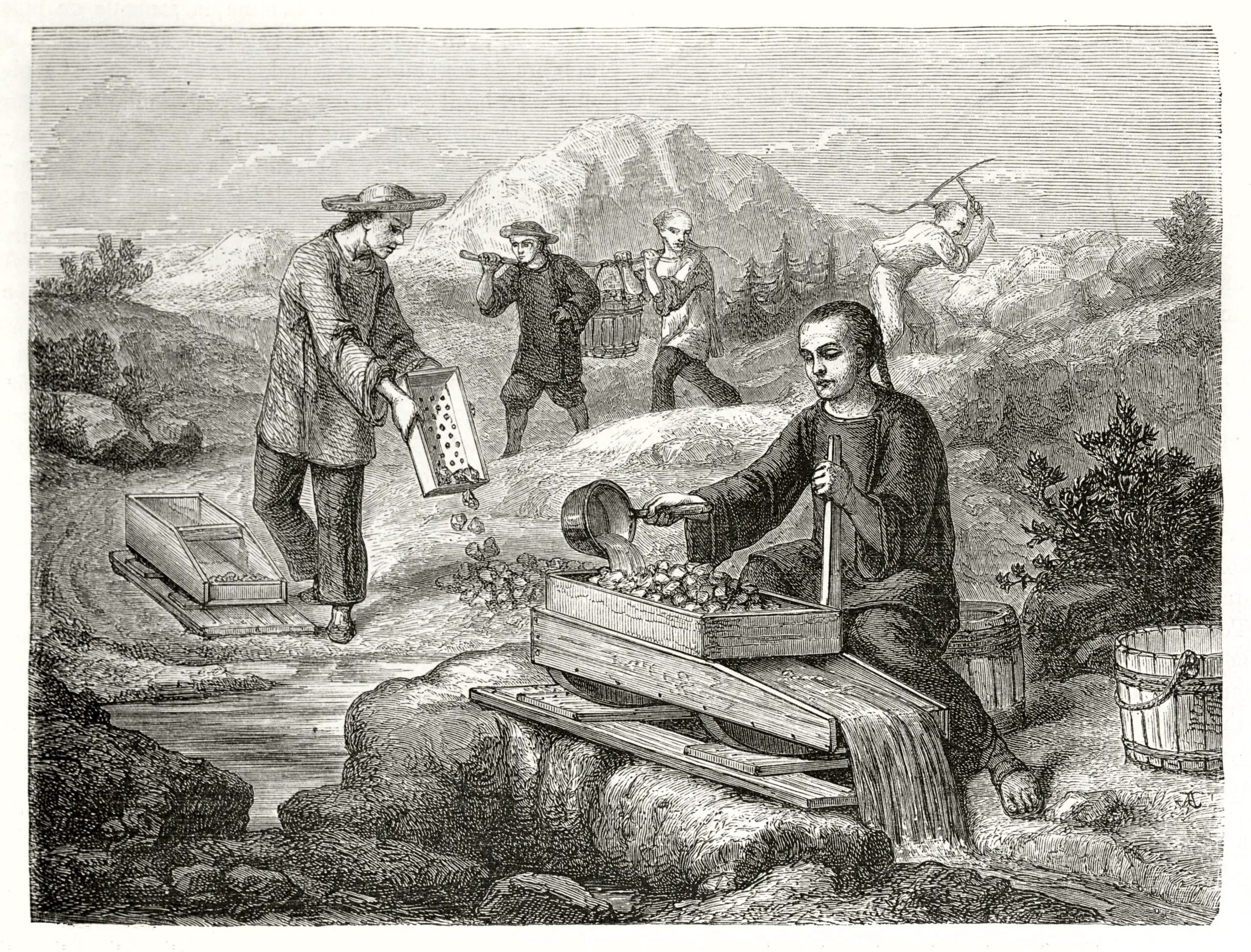 Old illustration of Chinese miners in California washing gold-bearing sand. Created by Chassevent after previous engraving by unknown author, published on Le Tour du Monde, Paris, 1862