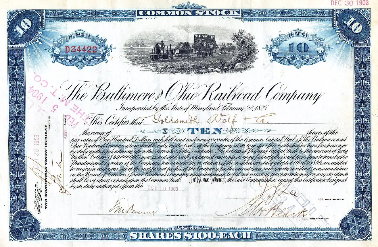 Baltimore and Ohio Railroad stock certificate, 1903