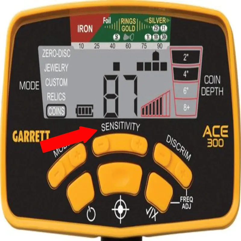 Metal Detector Control Panel Pointing to The Sensitivity Setting