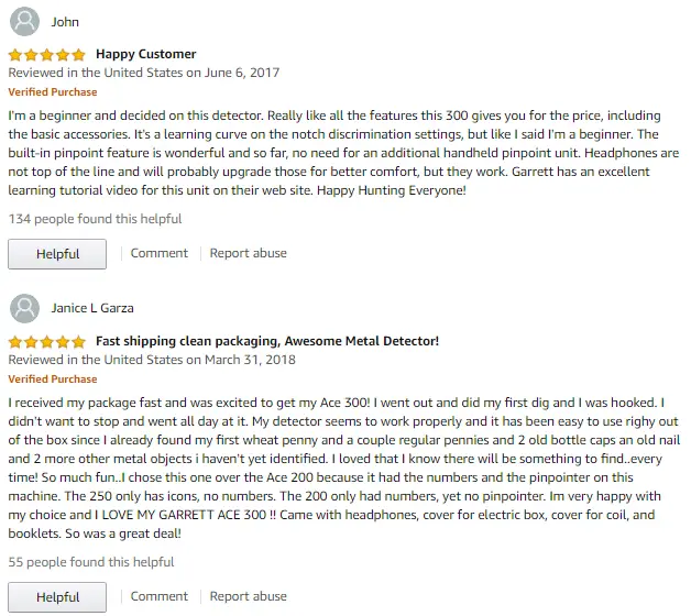 Amazon reviews of the Garrett Ace 300.