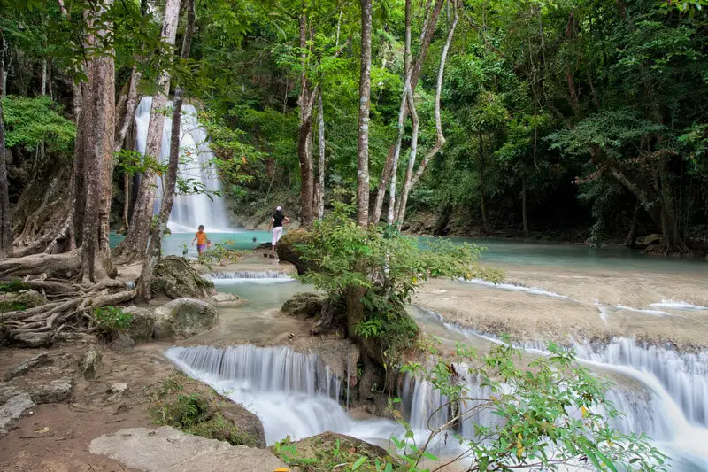 Waterfall and stream in the forest of Erawan National Park, Kanchanaburi Province, Thailand.