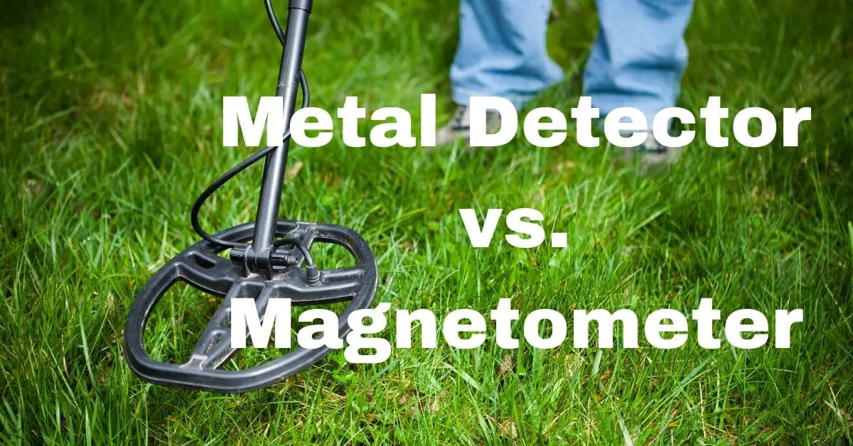 Metal Detector on grass with the words Metal Detector vs Magnetometer.