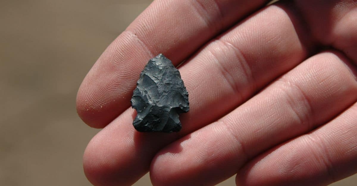 Hand holding a small arrowhead.