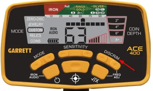 Metal Detector control panel identifying Discrimination setting.