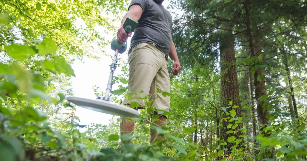 Man holding a metal detector in the woods