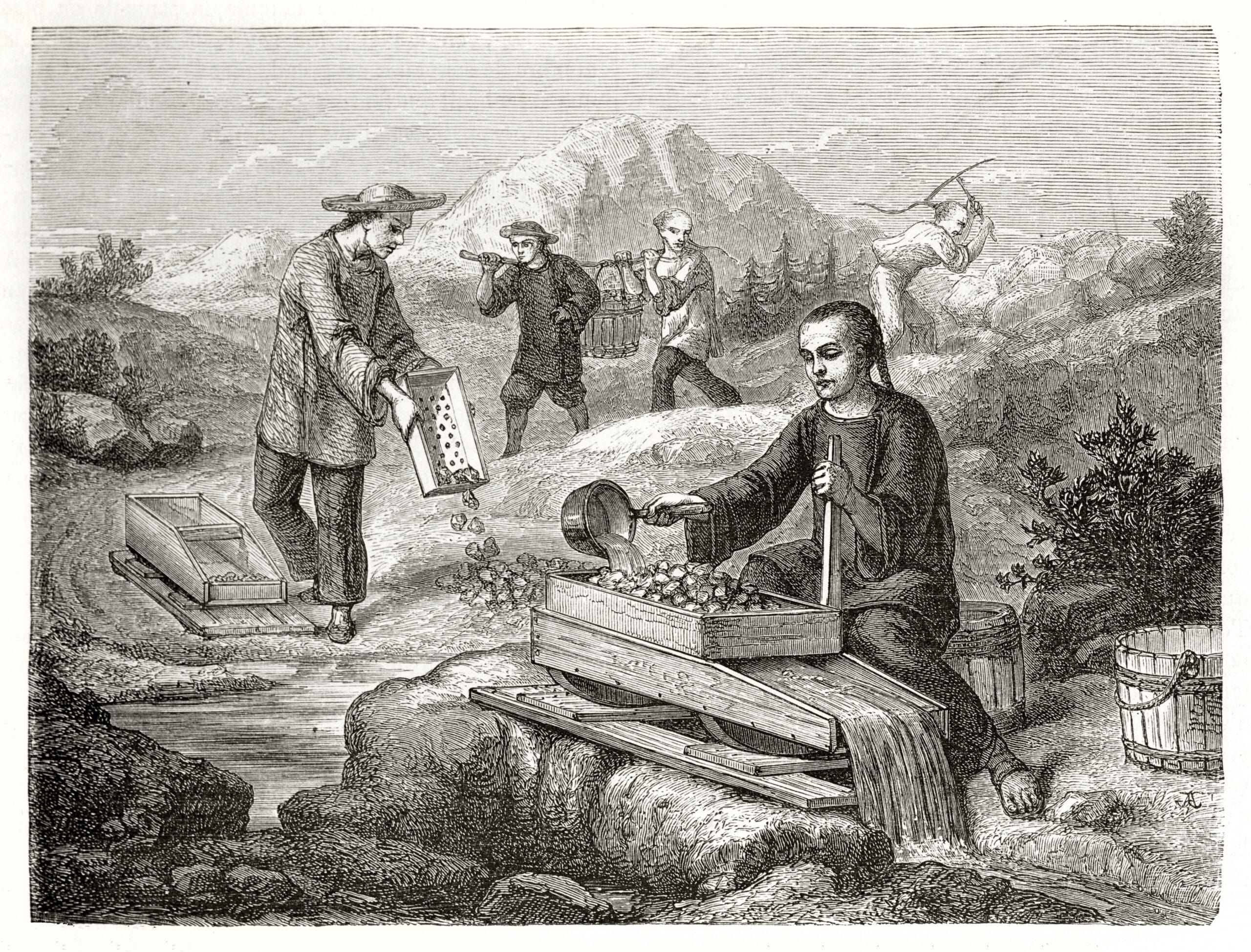 Old illustration of Chinese miners in California washing gold-bearing sand. Created by Chassevent after previous engraving by unknown author, published on Le Tour du Monde, Paris, 1862