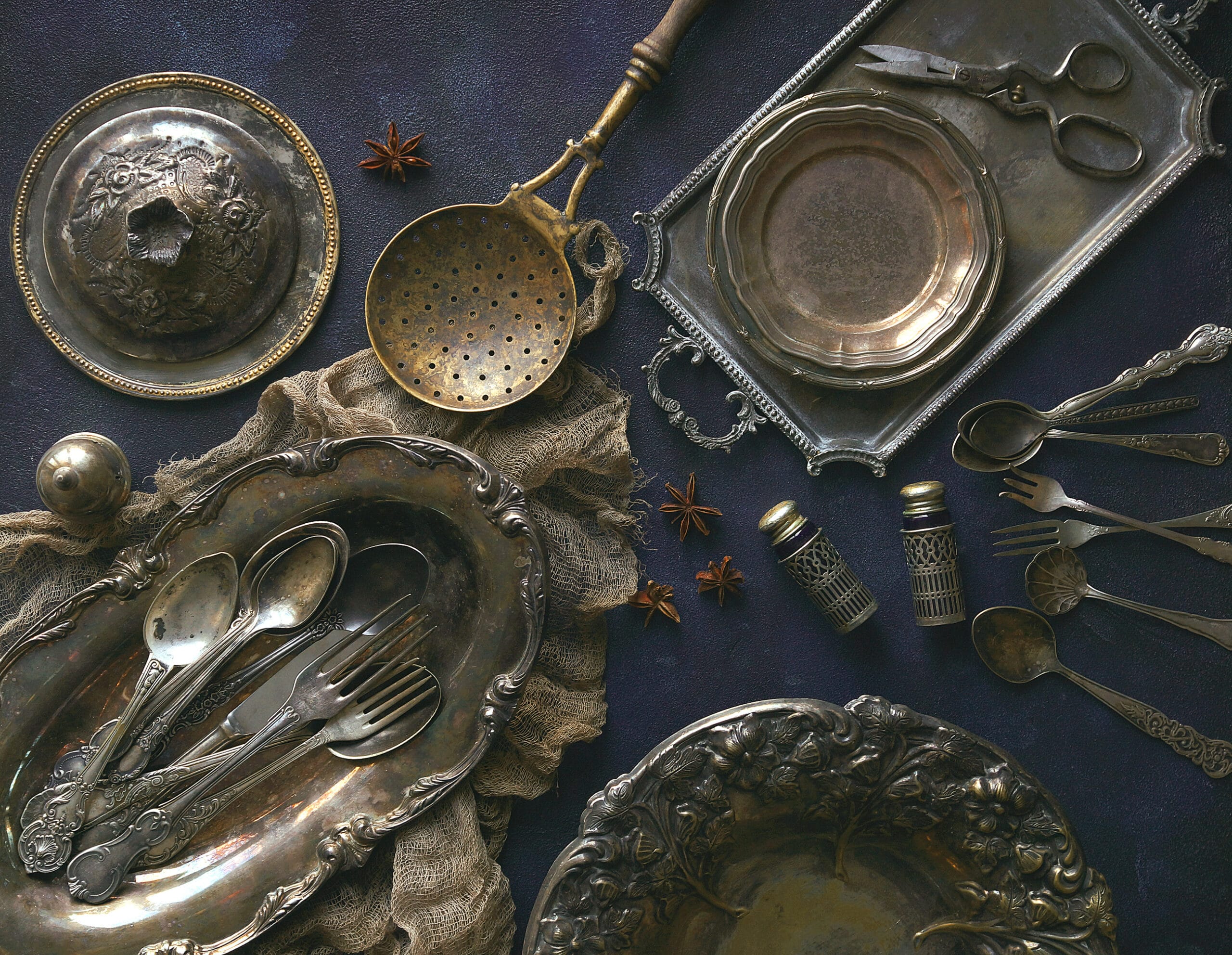 Old kitchen appliances, Vintage cutlery on dark blue background