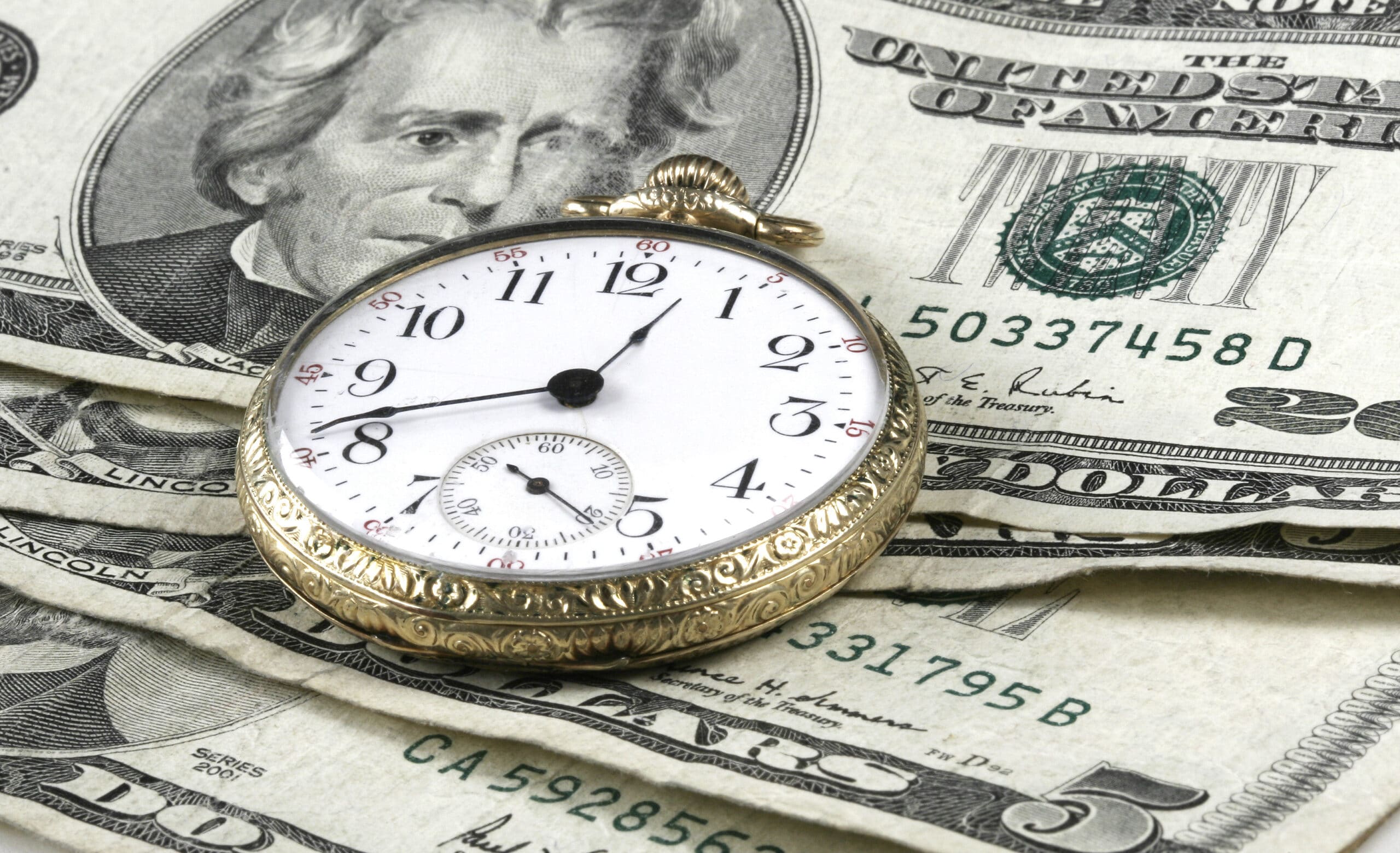 Pocket Watch, US Currency, And Skeleton Key