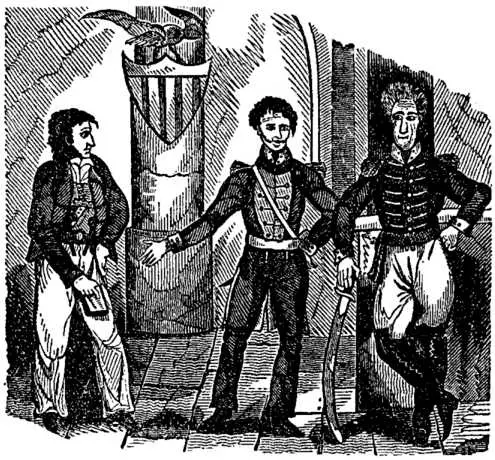 An 1837 woodcut of Lafitte, W.C.C. Claiborne, and Andrew Jackson during the War of 1812