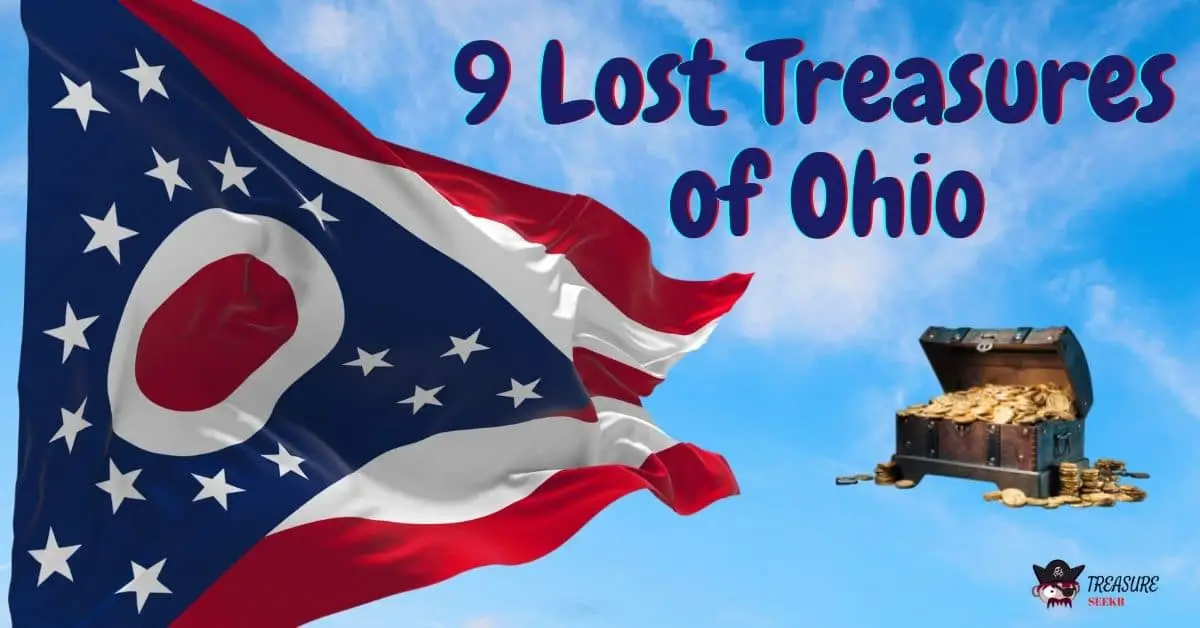 Ohio State Flag on a blue sky background and a treasure chest of gold coins - 9 lost treasures of Ohio