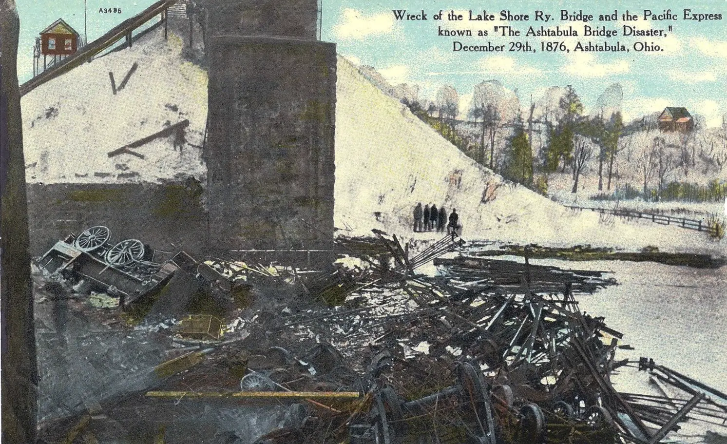 Postcard of the Pacific Express train wreck in the Ashtabula River