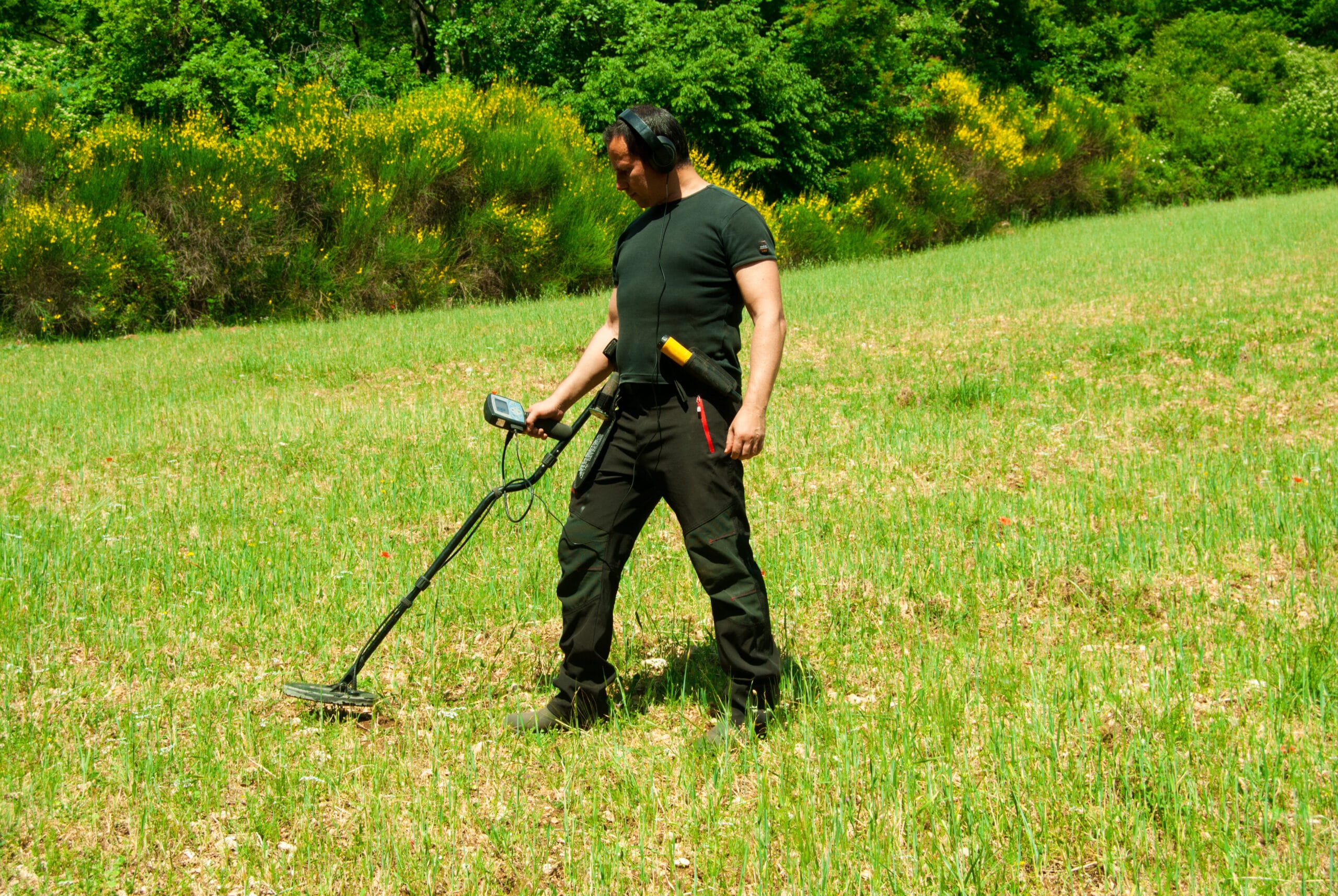 Man Metal Detecting In The Woods